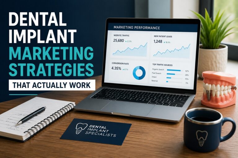 Dental implant marketing strategies dashboard showing patient lead growth and implant advertising performance.