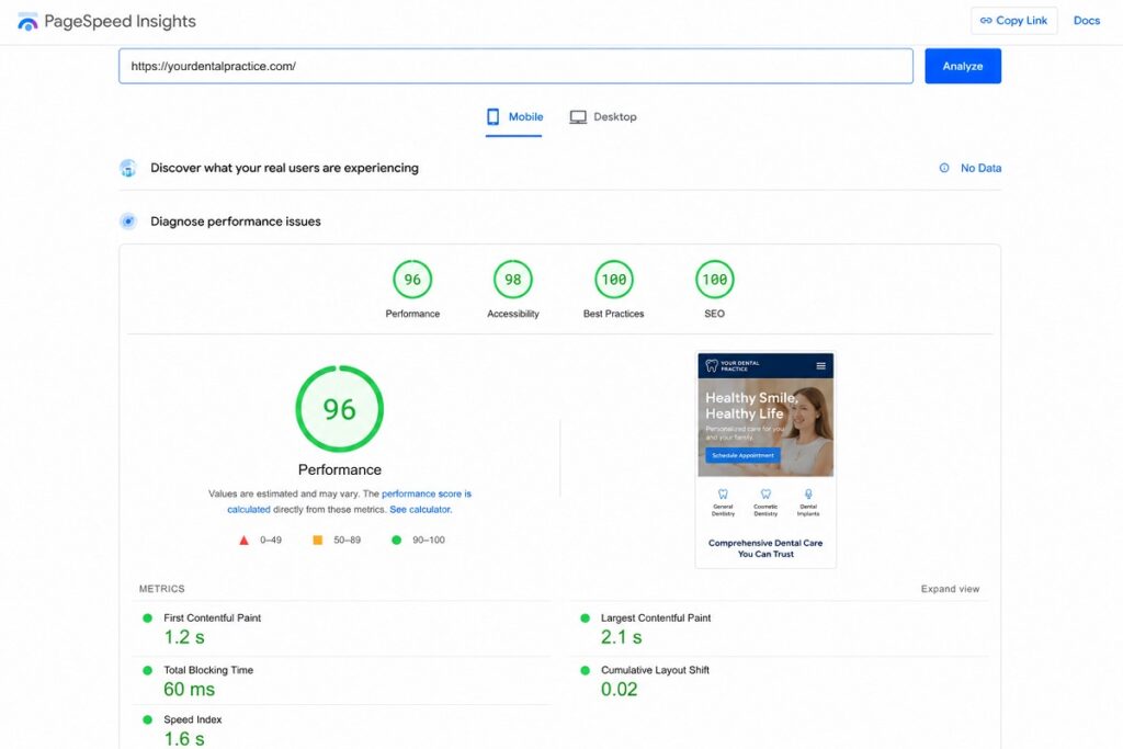 Google PageSpeed Insights report showing fast dental website SEO performance