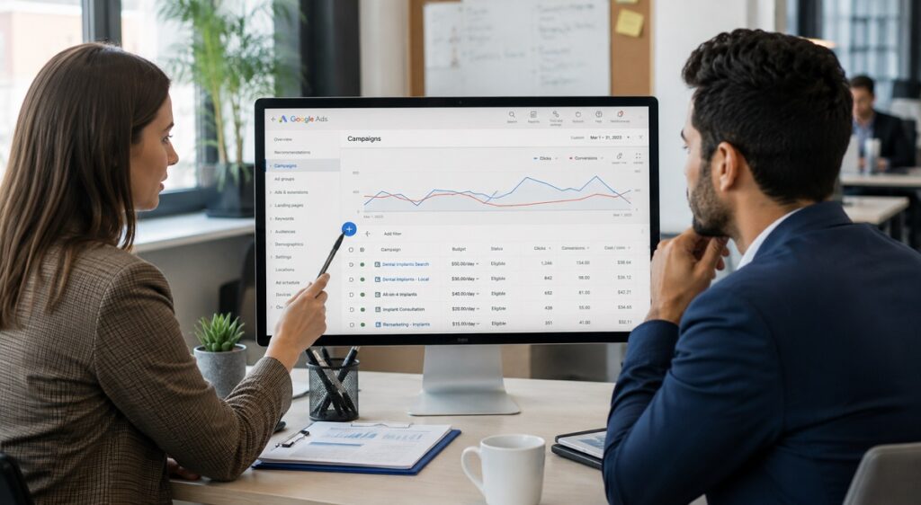 Google Ads campaign strategy for dental implant lead generation and patient growth