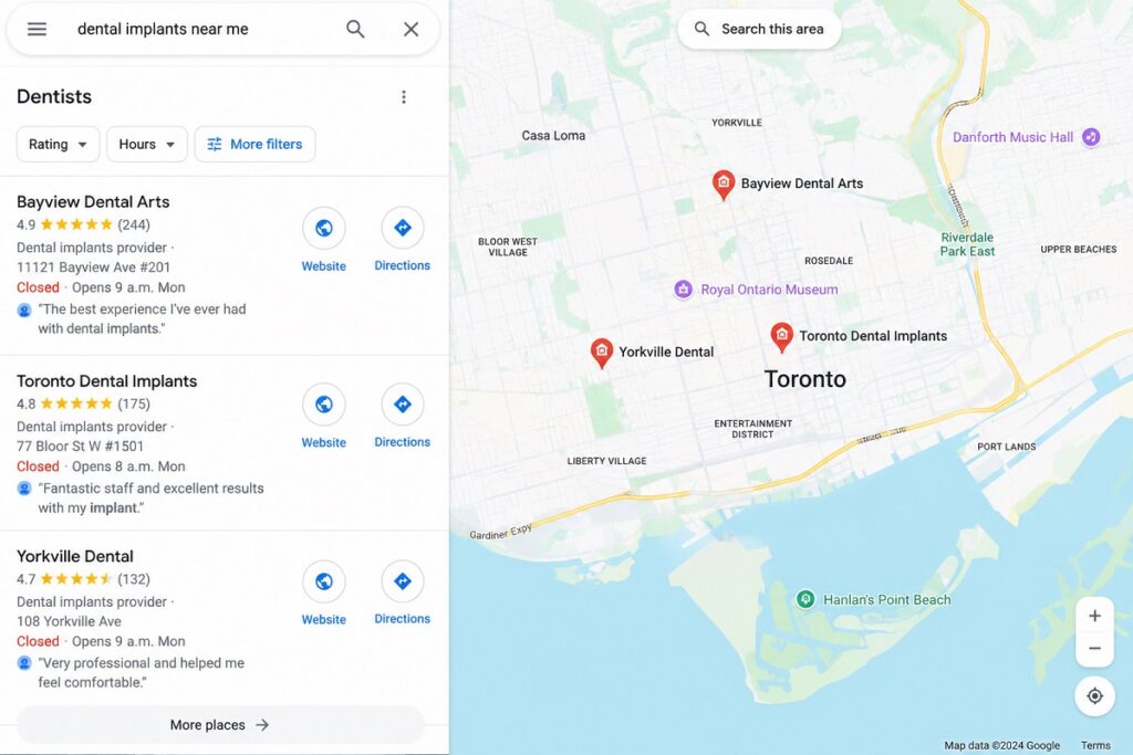 Google Maps dental implant search results showing top ranked local implant dentists and reviews