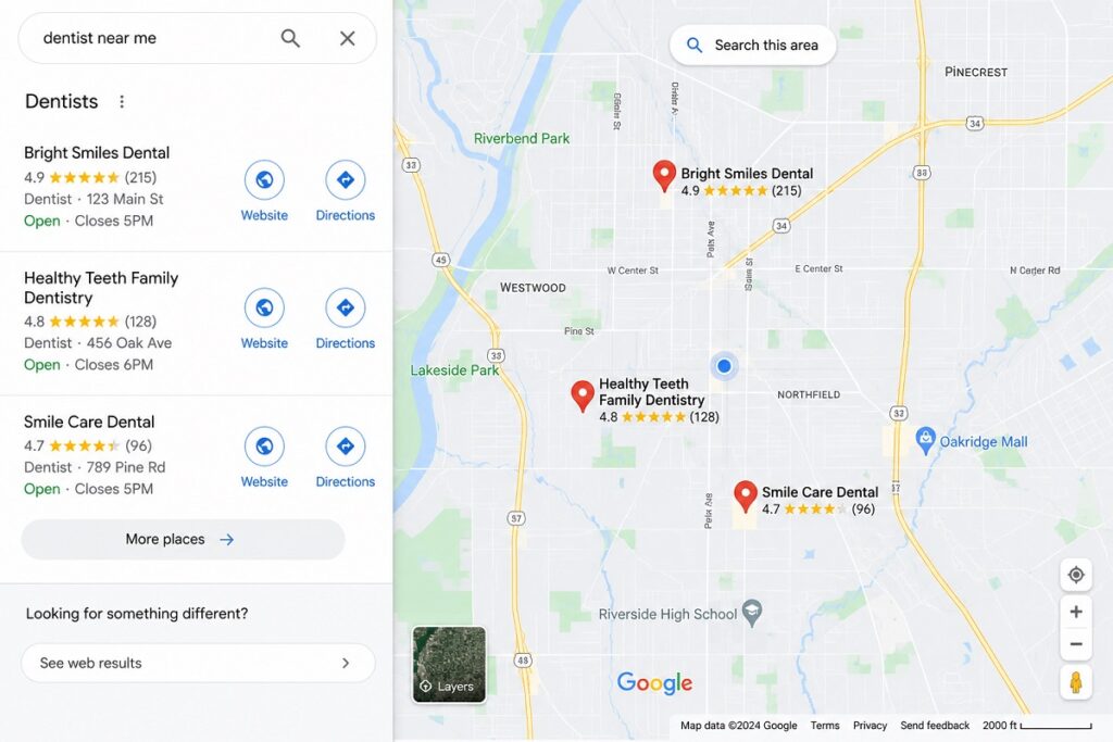 Google Maps local SEO results for dental websites and nearby dentists