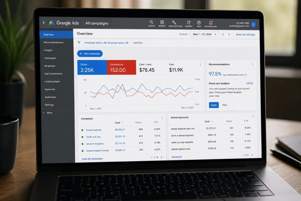 Google Ads dashboard tracking dental implant campaign clicks, conversions, and patient lead performance.