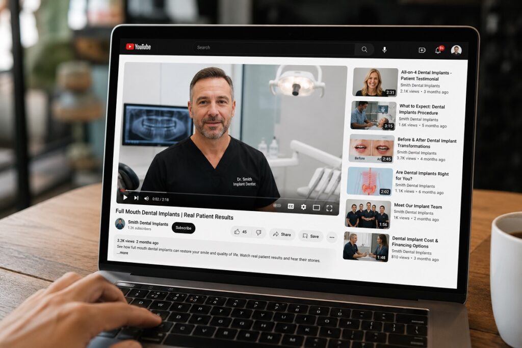 Dental implant video marketing content featuring patient testimonials and treatment education.