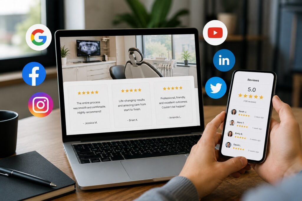 Patient reviews and social media engagement supporting dental implant marketing and online credibility.
