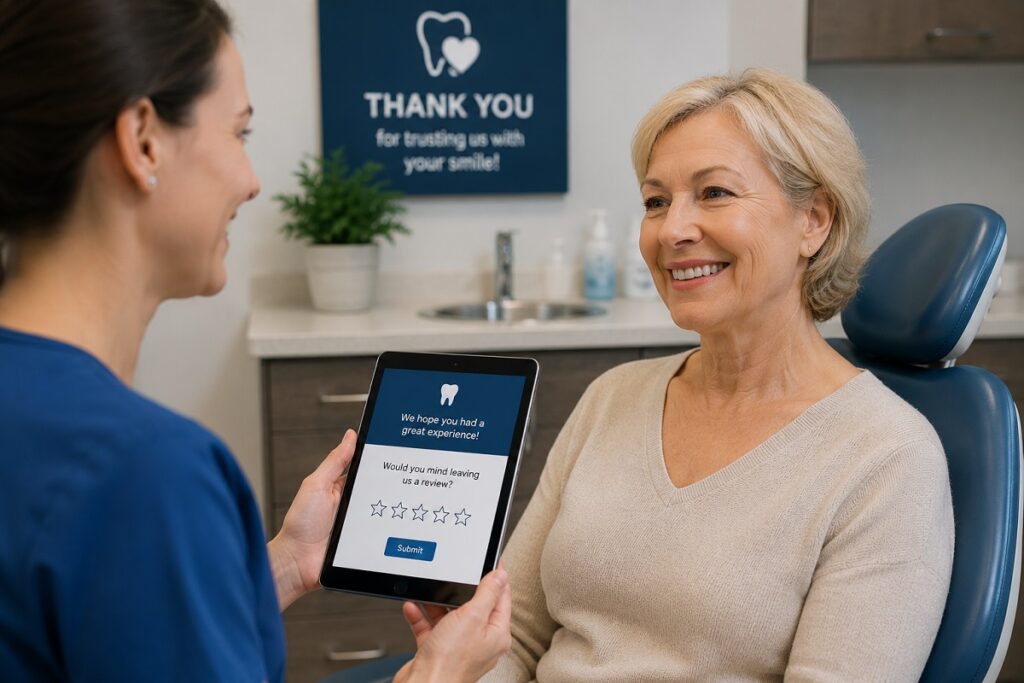 Patient submitting a review after dental implant treatment to support online reputation and trust.