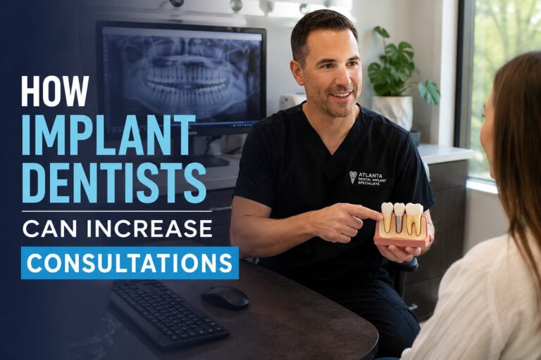 Dentist explaining dental implants during a patient consultation to increase dental implant consultations and treatment acceptance.
