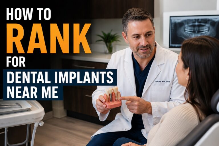 Dentist explaining dental implants to a patient while discussing how to rank for Dental Implants Near Me