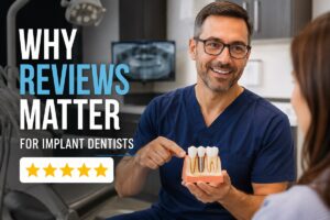 Implant dentist presenting a dental implant model alongside patient reviews to build trust and credibility.