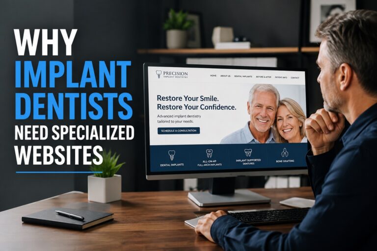 Why implant dentists need specialized websites displayed on a dental implant website with a patient focused homepage