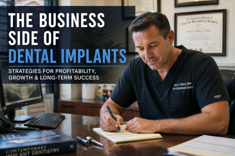 Dentist reviewing the business side of dental implants and practice profitability.