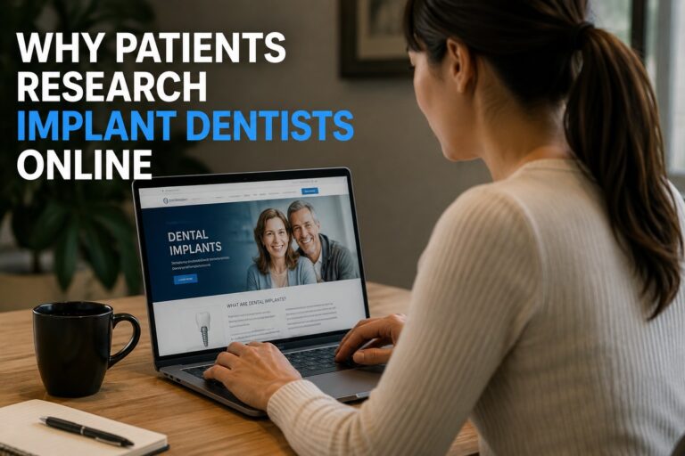Patient researching implant dentists online and reviewing dental implant treatment information.