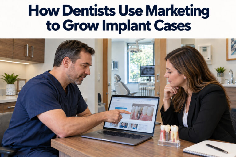 Dentist and marketing professional review a dental implant website together.