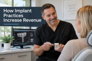 Dentist discussing dental implants with a patient to increase implant practice revenue.