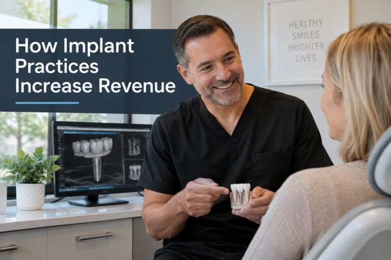 Dentist discussing dental implants with a patient to increase implant practice revenue.
