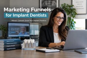 Marketing funnels for implant dentists featuring a dental marketing professional, dental implants, SEO, and practice growth.