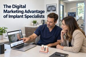 Dentist and marketing professional reviewing a dental implant website together.