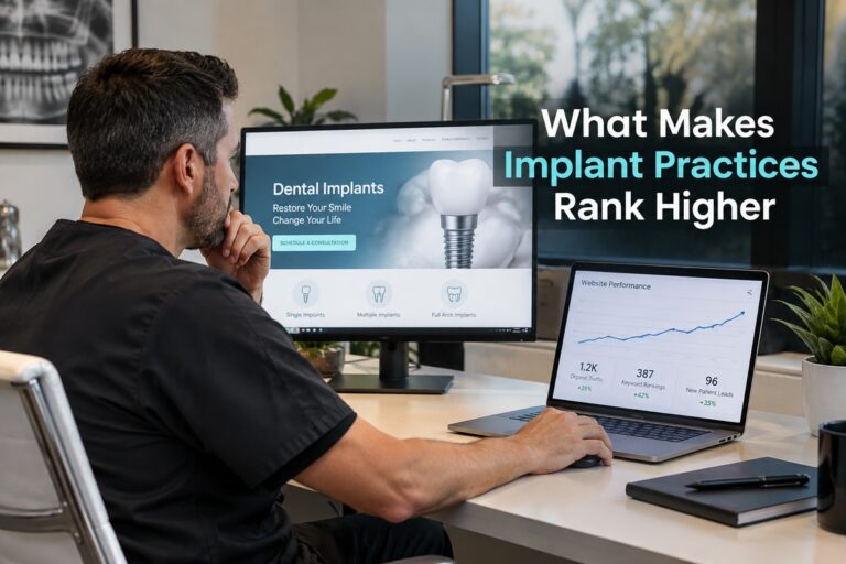 Dental implant SEO strategy showing higher rankings, organic traffic, and patient leads.