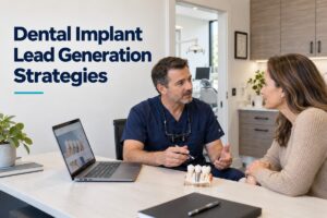 Dentist explaining dental implants to a patient using a dental model.