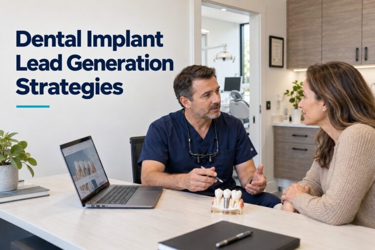 Dentist explaining dental implants to a patient using a dental model.