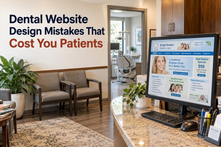 Cluttered dental website on a monitor beneath the title Dental Website Design Mistakes That Cost You Patients.