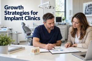 Dental implant doctor and practice manager reviewing performance charts to plan clinic growth.