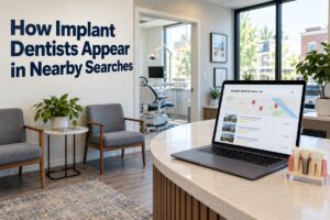 Laptop displaying nearby search results for implant dentists beside a dental implant model.
