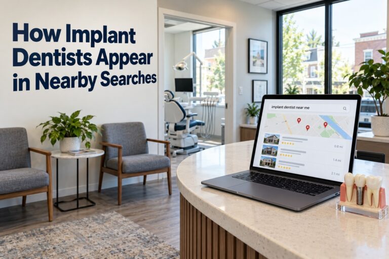 Laptop displaying nearby search results for implant dentists beside a dental implant model.