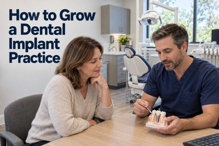 Dentist explaining a dental implant model to a patient during a consultation.