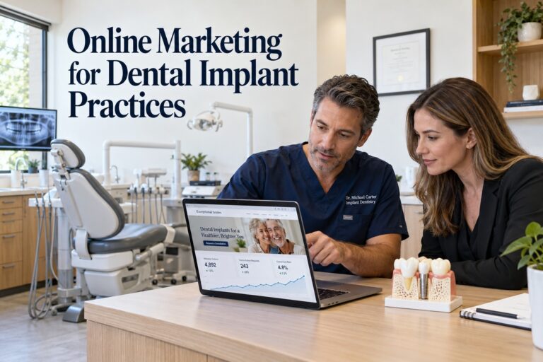 Dentist and colleague reviewing a dental implant website and online marketing results on a laptop.