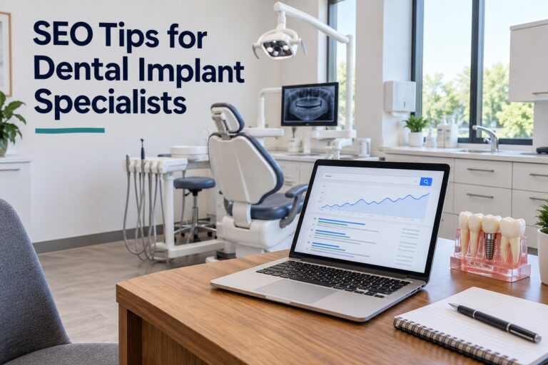 SEO tips for dental implant specialists with search analytics on a laptop beside a dental implant model.