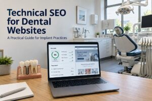 Laptop displaying a technical SEO audit for a dental website beside a dental implant model.