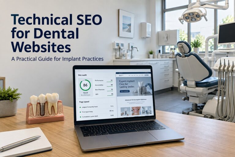 Laptop displaying a technical SEO audit for a dental website beside a dental implant model.