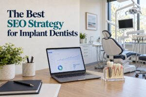 Dental implant model beside a laptop displaying SEO performance charts.